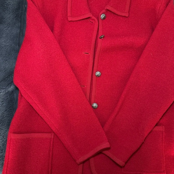 Talbots Cherry Red 100 % Wool Collared Sweater with Silver Buttons - Picture 7 of 8